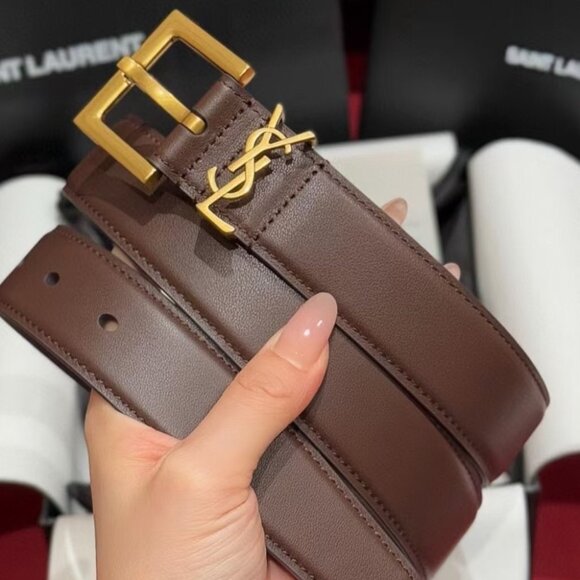 Saint Laurent Brown Belt 3cm 95cm - Gold YSL, New with Box main image 5